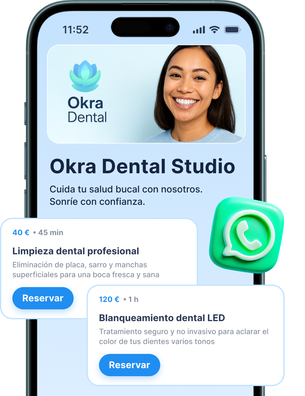 Equipo de una clínica recibiendo pacientes en una recepción moderna